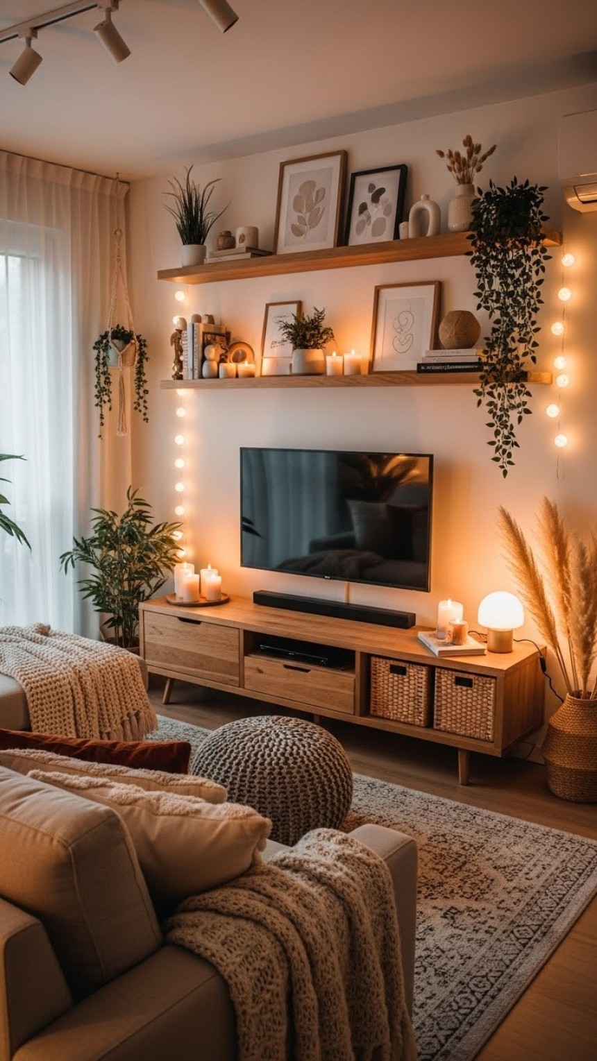 Cozy modern boho living room with warm neutral tones, wooden TV console, floating shelves, indoor plants, fairy lights, candles, and soft layered textures for a warm apartment interior.