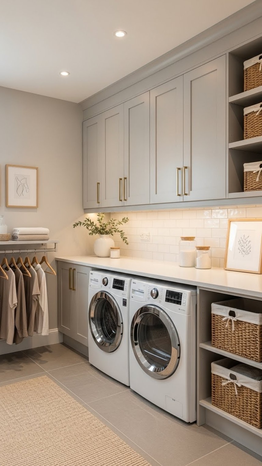 Modern laundry room with white washer and dryer, gray cabinets with gold handles, open shelving with woven baskets, and a clean neutral interior design.