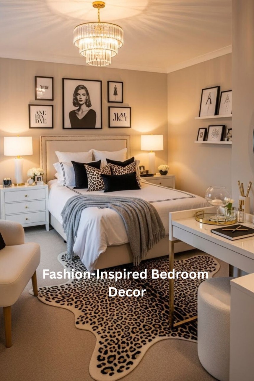 Luxury neutral bedroom with leopard print rug, crystal chandelier, upholstered bed, gallery wall art, soft beige tones, and chic modern decor with warm lighting.
