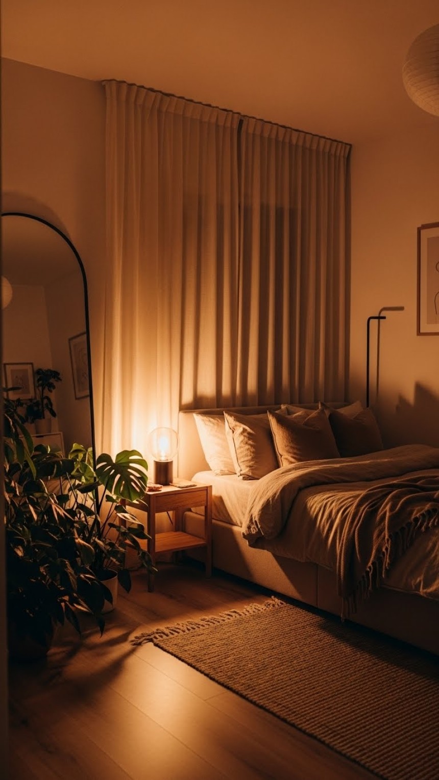 Cozy minimal bedroom at night featuring warm ambient lighting, soft beige bedding, layered pillows, sheer curtains, indoor plants, and a glowing bedside lamp creating a calm and relaxing atmosphere.