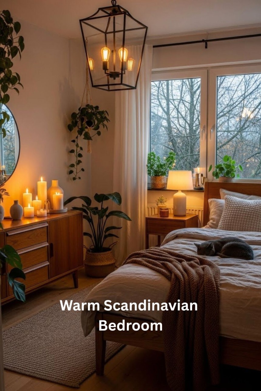 Warm Scandinavian bedroom with wooden furniture, white bedding, candles, hanging plants, and lantern lighting creating a cozy hygge atmosphere