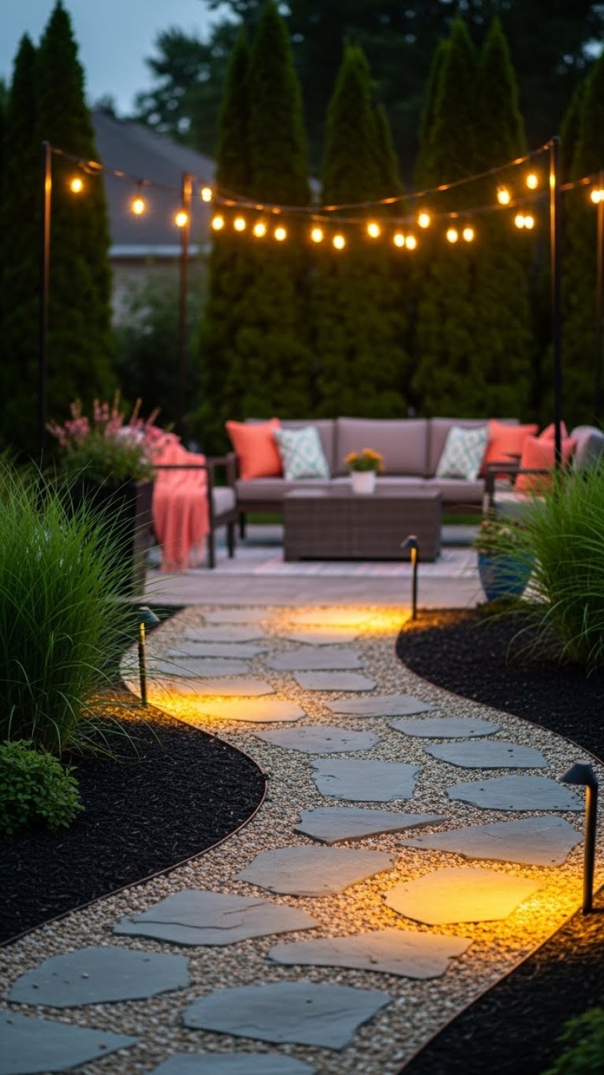Evening backyard scene with illuminated stone pathway, string lights overhead, comfortable outdoor seating area, and lush garden landscaping