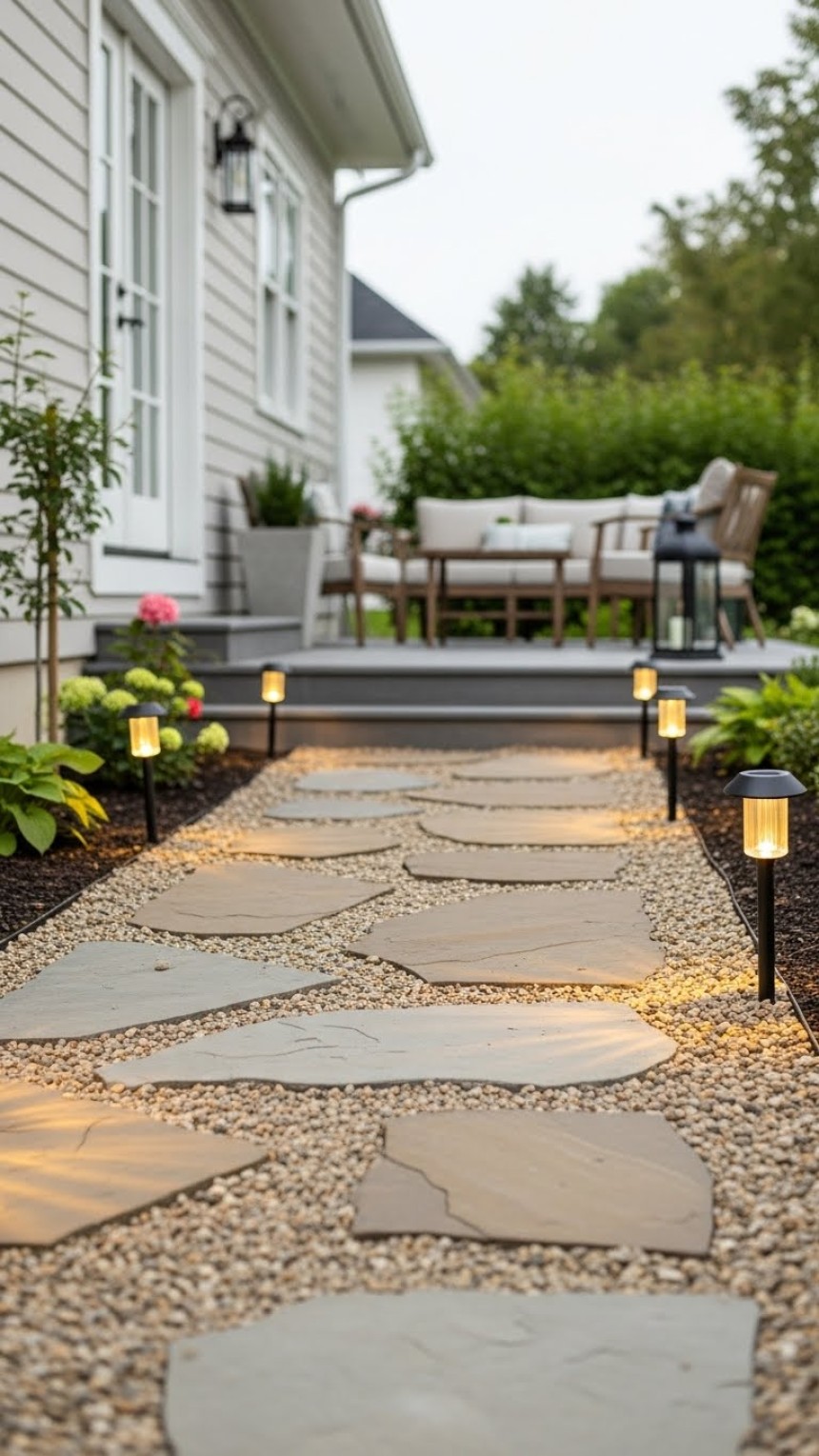 Modern garden pathway with irregular stone slabs set in pea gravel, bordered by solar lights and landscaped with hydrangeas leading to white house with seating area