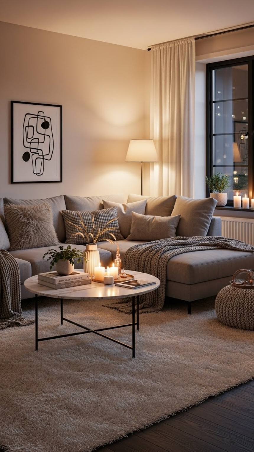 Cozy modern living room with a neutral color palette, plush sectional sofa, textured throw pillows, warm lighting, layered rugs, minimalist wall art, and Scandinavian-inspired decor.
