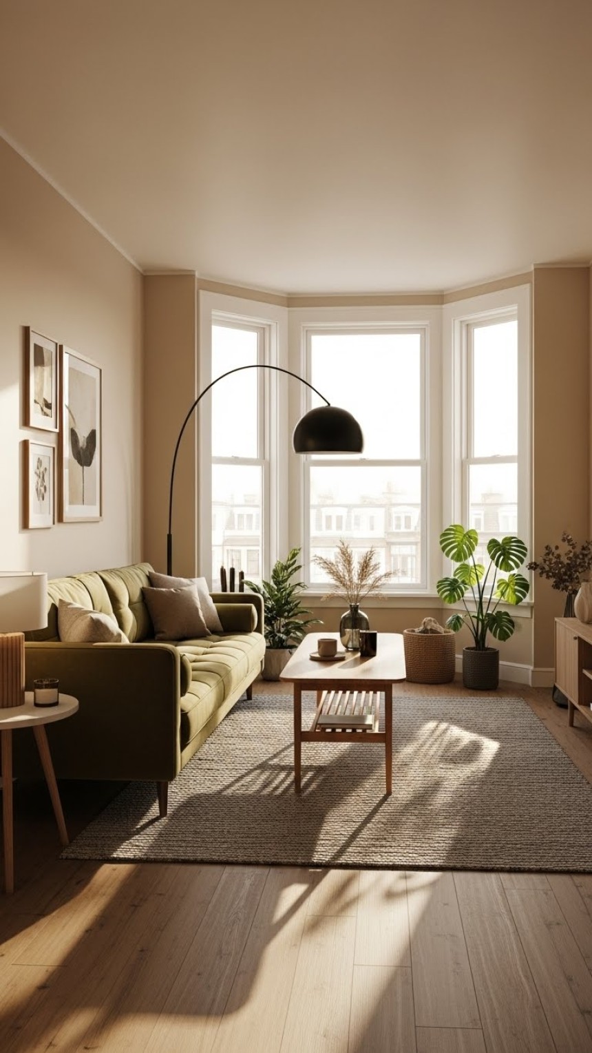 Cozy small apartment living room with green velvet sofa, neutral decor, natural sunlight, and minimal modern styling