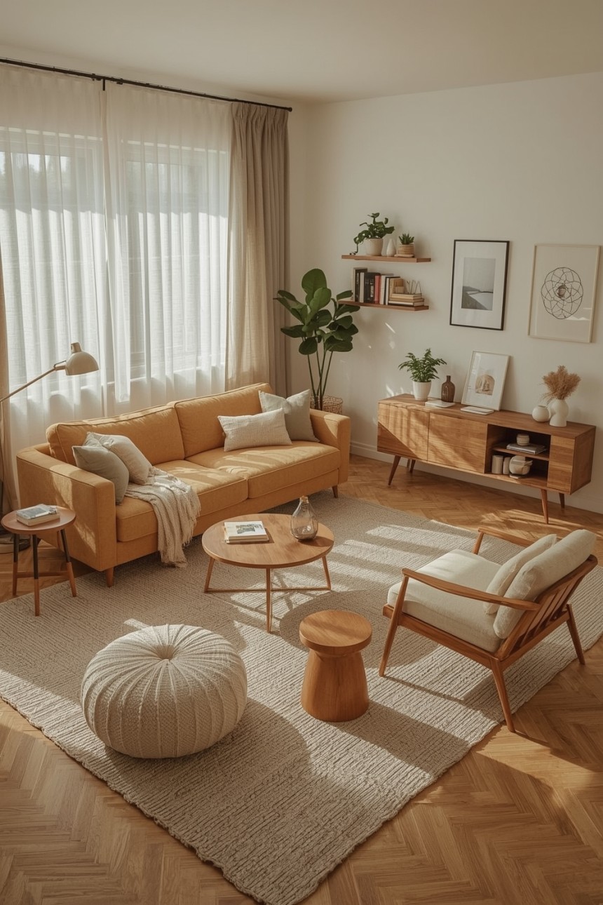 Small apartment living room with L-shaped sofa, neutral decor, compact layout, and cozy modern styling